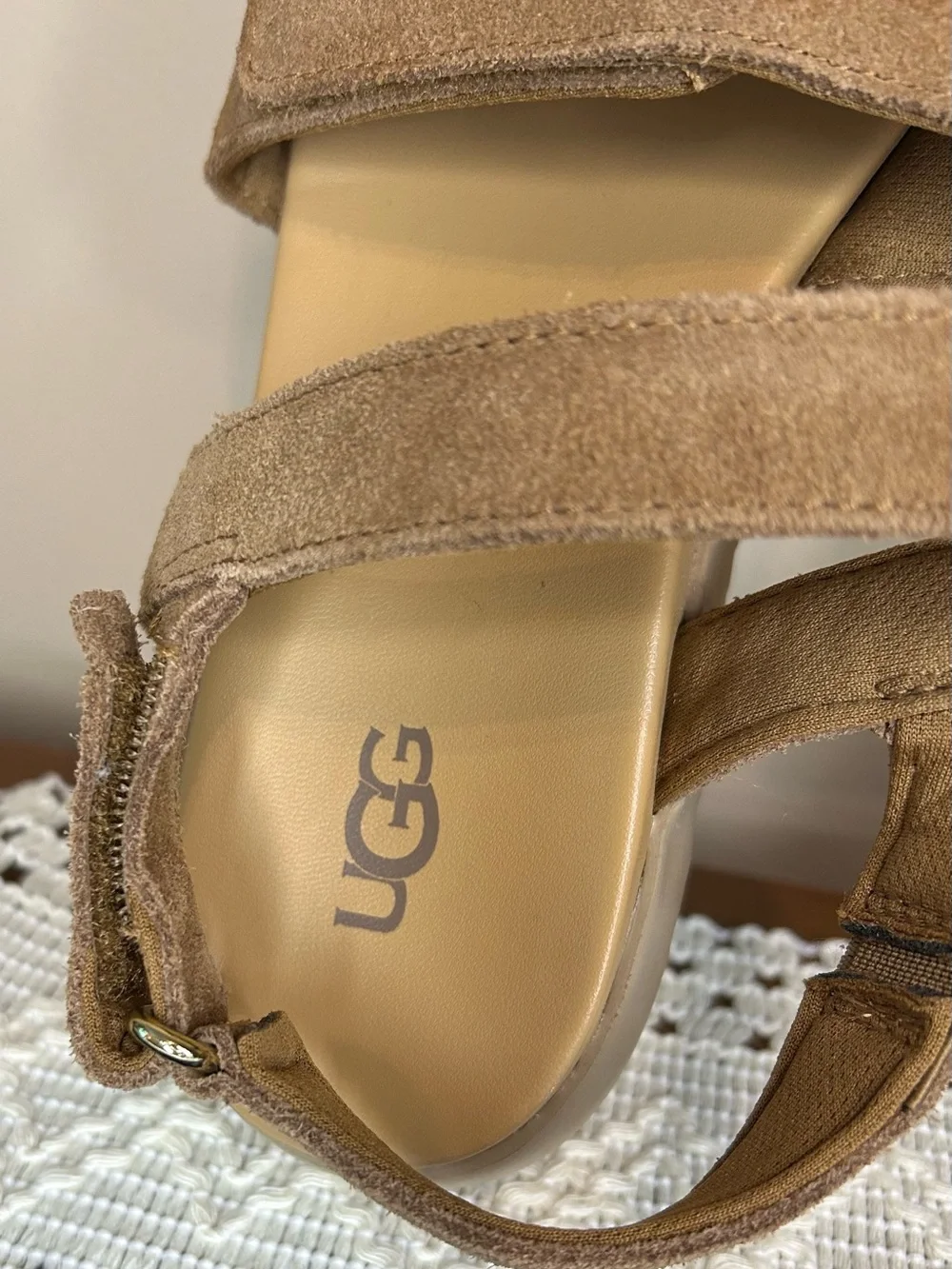 UGG Kids Tan Suede Double‑Strap Slide Sandals